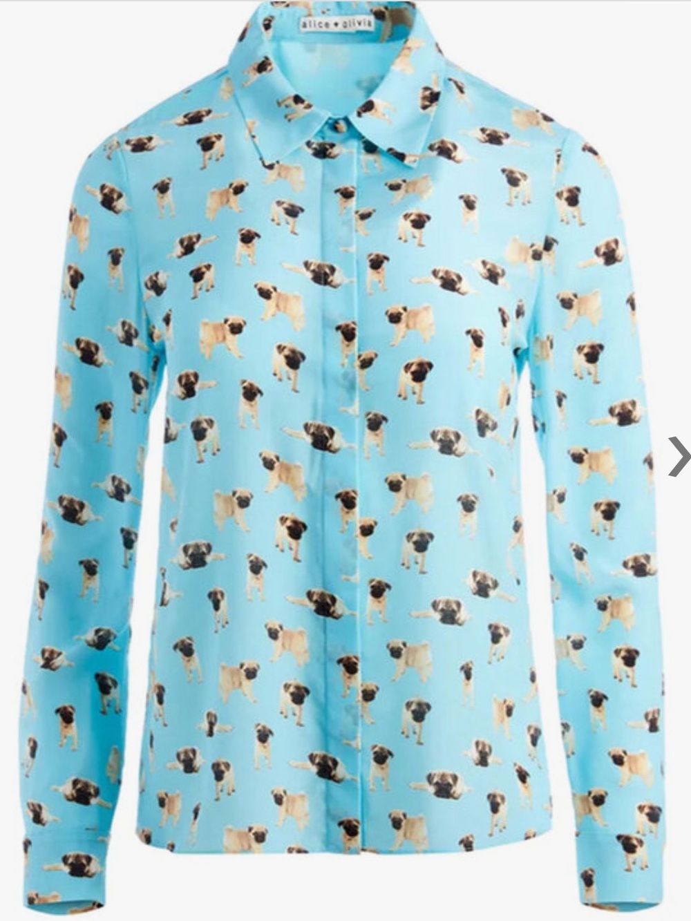 Alice + Olivia Teal Pug-Print Button Down Shirt - Picture 2 of 6